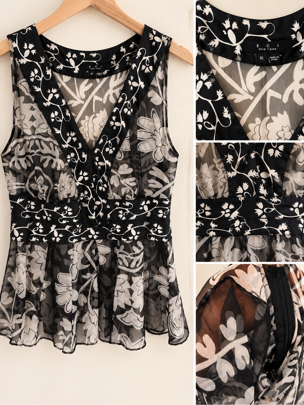 NY Collection Black & White Floral Sheer V-Neck Peplum Camisole